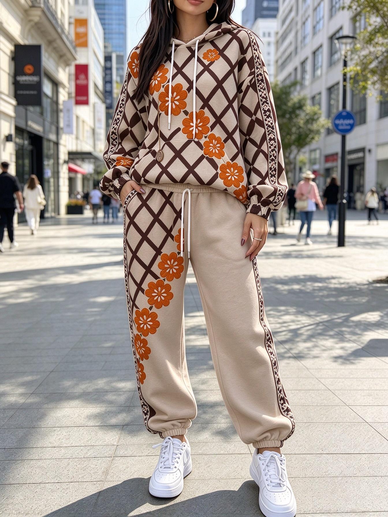 Women Grid Floral Print Hooded - огляд і ціна Joggers Pants